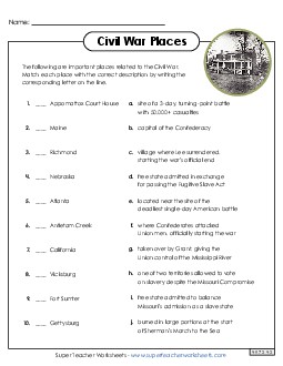 Civil War Places (Matching) 5th Grade Social Studies Worksheet