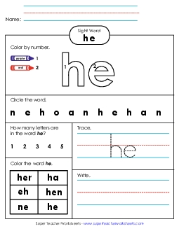 Worksheet 4: He Sight Words Individual Worksheet