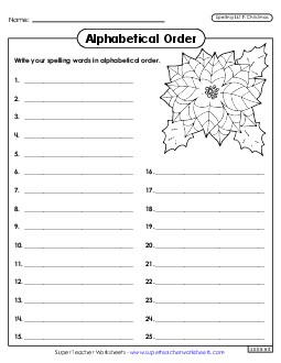 Alphabetical Order: Whole List (Christmas) Spelling F Worksheet