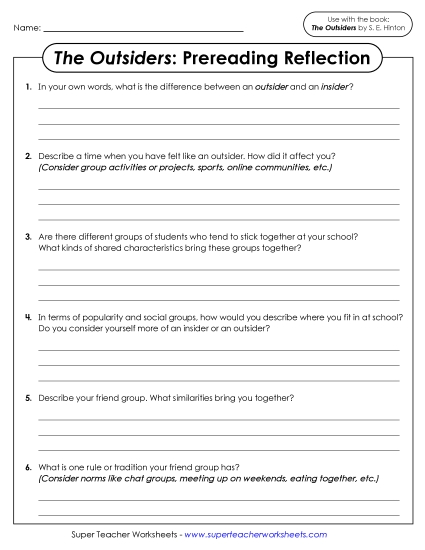 New Prereading Reflection <i>(The Outsiders)</i> Worksheet New Prereading Reflection <i>(The Outsiders)</i> Worksheet