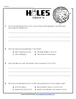 Questions for Chapters 29-35 Book Holes Worksheet