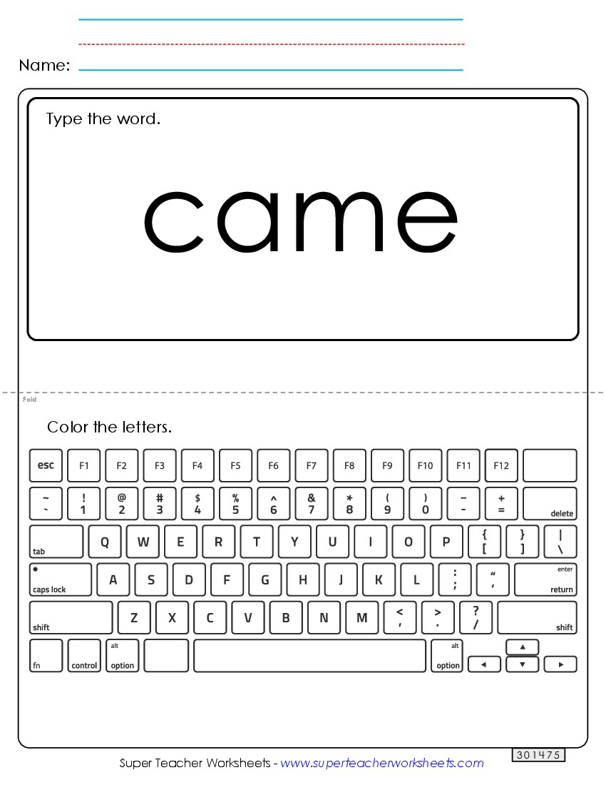 Type the Word: Came Sight Words Individual Worksheet