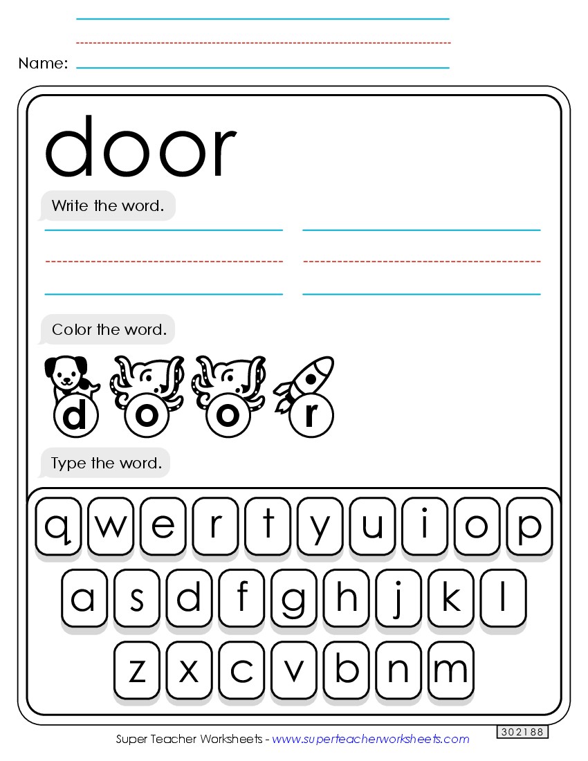 Write, Color, Type: Door Sight Words Individual Worksheet