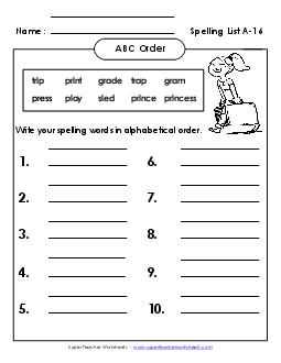 ABC Order: Write List (A-16) Free Spelling A Worksheet