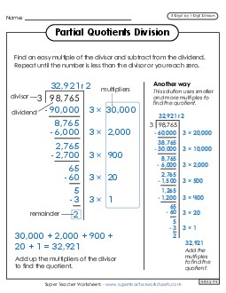 Partial Quotients Anchor Chart  (5-Digit by 1-Digit) Division Worksheet