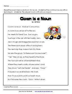 Clown is a Noun Nouns Worksheet