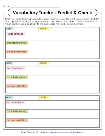 New Vocabulary Tracker: Predict & Check Worksheet New Vocabulary Tracker: Predict & Check Worksheet