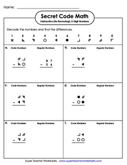 Secret Code Math Subtract: No Regroup Subtraction Worksheet