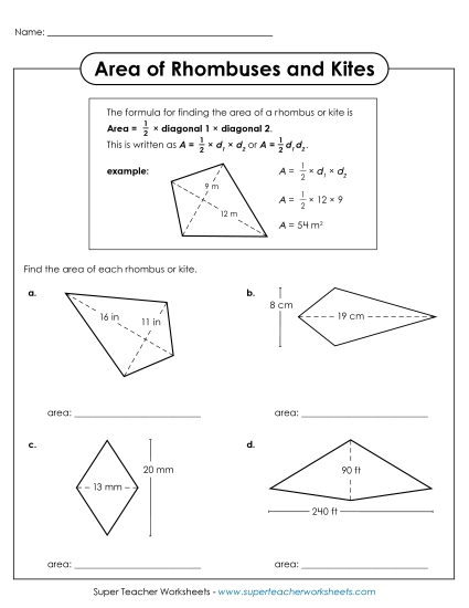 aArea of Rhombuses and Kites Worksheet