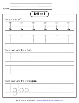 Uppercase I (Dotted Lines) Printing Worksheet