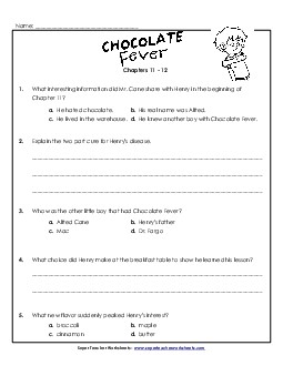 Questions for Chapters 11-12 Book Chocolate Fever Worksheet