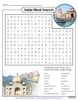 India Word Search Wordsearch Worksheet