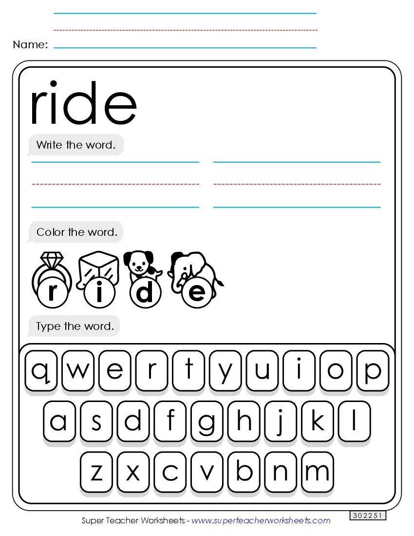 Write, Color, Type: Ride Sight Words Individual Worksheet