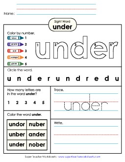 Under (Sight Word) Sight Words Individual Worksheet