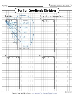 Partial Quotients (Graph Paper)  5-Digit by 1-Digit Division (with Remainders) Worksheet