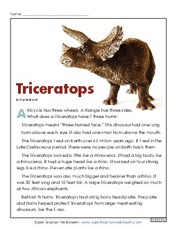 Triceratops Atricle 1st Grade Science Worksheet