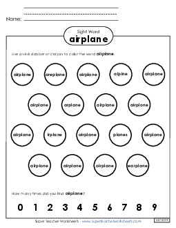 Dab or Color: Airplane Sight Words Individual Worksheet