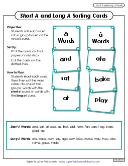 Word Card Sort: Long A and Short A Phonics Vowels Worksheet