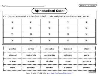 Alphabetical Order: Cut-Glue (F-5) Spelling F Worksheet