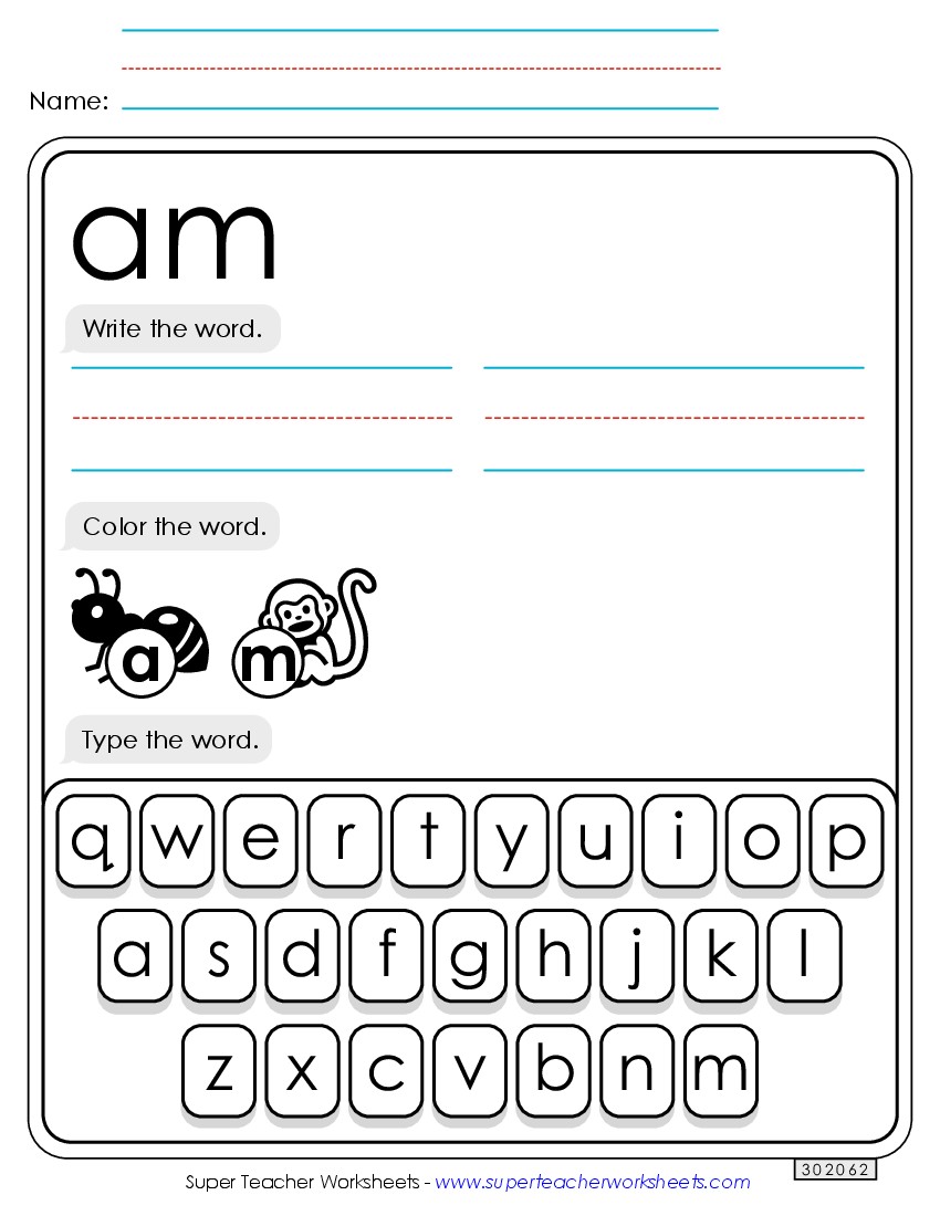 Write, Color, Type: Am Sight Words Individual Worksheet