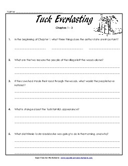 Questions for Chapters 1-3 Free Book Tuck Everlasting Worksheet