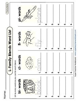 Brainstorm L-Family Blends Phonics Blends Worksheet