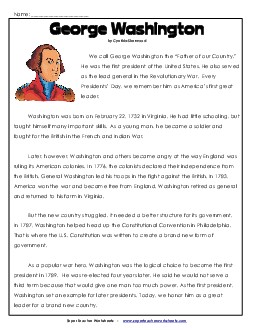 George Washington 4th Grade Reading Comprehension Worksheet