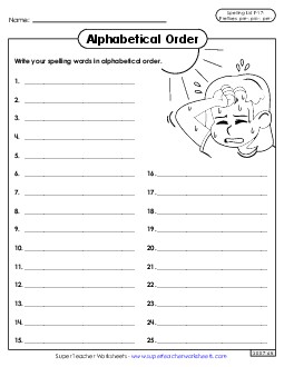 Alphabetical Order: Whole List (F-17) Spelling F Worksheet