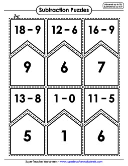 Subtraction Puzzles: Minuends up to 18, Subtrahends up to 9 Worksheet