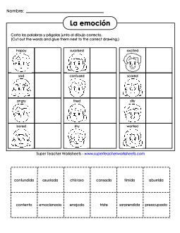 Cut & Glue: Feelings/Emotions Spanish Vocabulary Worksheet