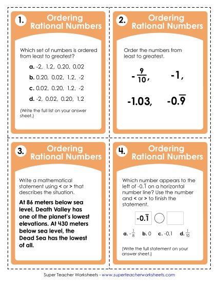 aOrdering Rational Numbers Task Cards