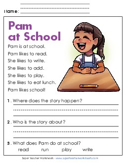 Pam at School Reading Comprehension Reading Comp Kindergarten Worksheet