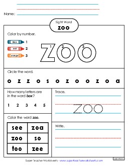 Worksheet 4: Zoo Sight Words Individual Worksheet