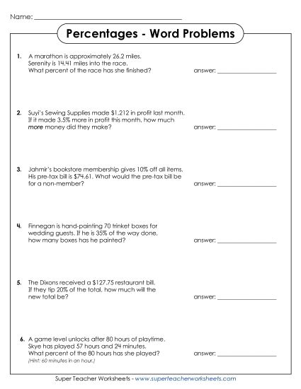 Percentage Word Problems Percents Worksheet