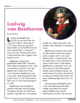 Ludwig van Beethoven 4th Grade Reading Comprehension Worksheet