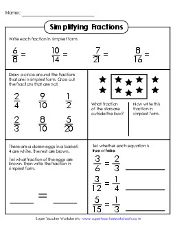 Reducing/Simplifying Fractions Worksheet