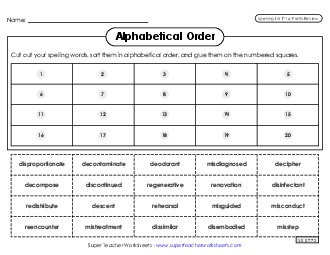 Alphabetical Order: Cut-Glue (F-16) Spelling F Worksheet