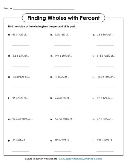 Finding Wholes (Practice) Percents Worksheet
