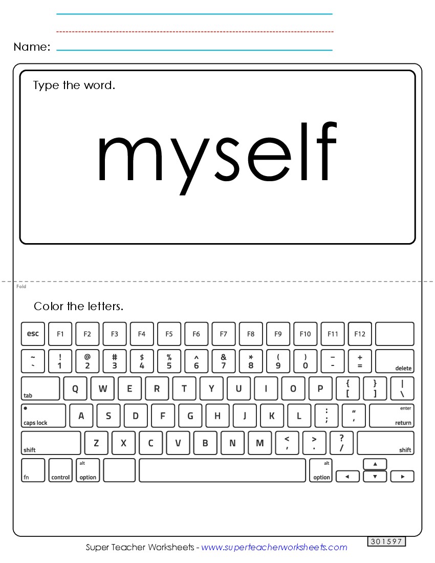 Type the Word: Myself Sight Words Individual Worksheet