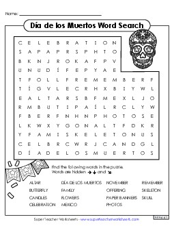 Día de los Muertos Word Search Wordsearch Worksheet