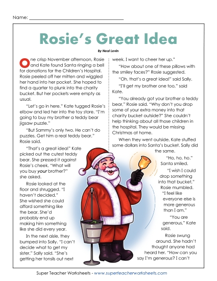 New Rosie's Great Idea Reading Comprehension Worksheet