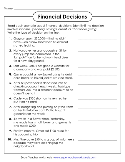 New Financial Decisions Worksheet New Financial Decisions Worksheet