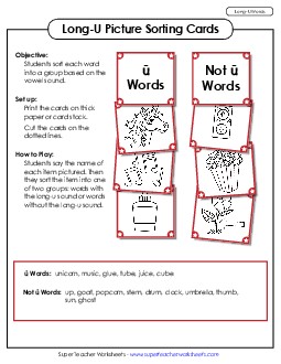 Picture Sorting Cards (Long U Words) Phonics Long Short U Worksheet