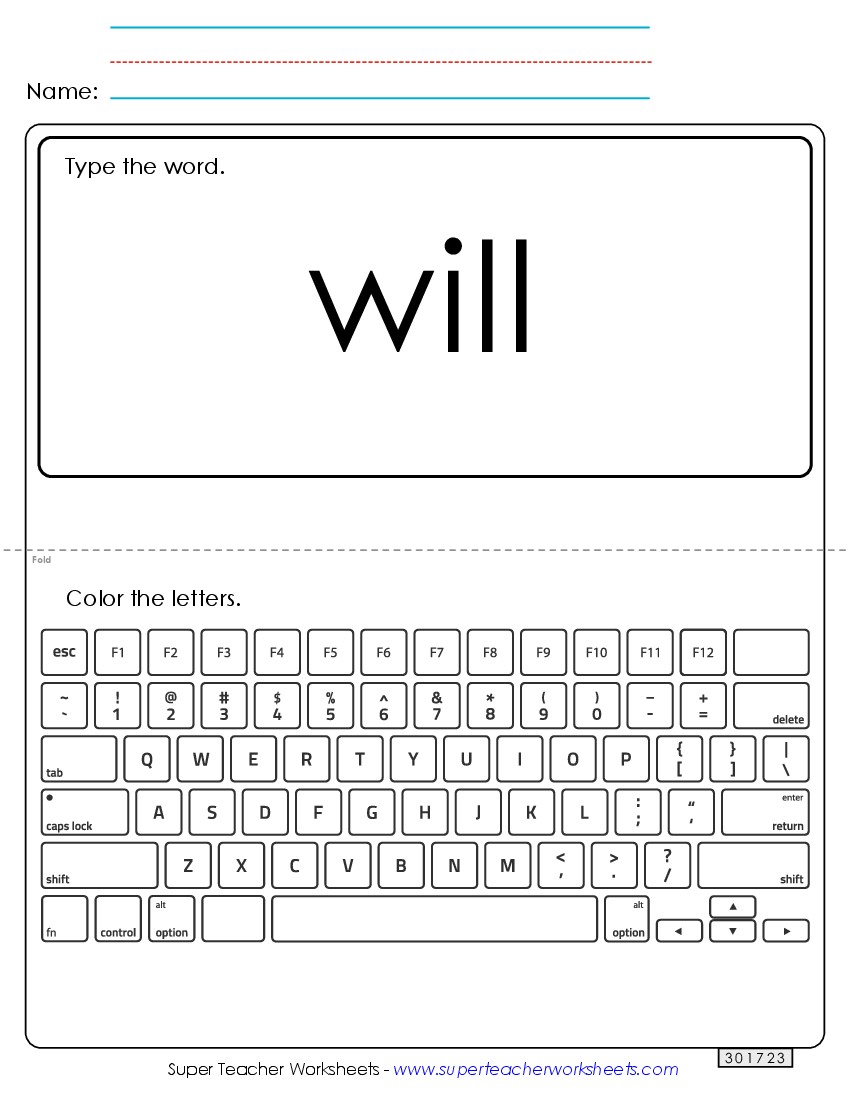 Type the Word: Will Sight Words Individual Worksheet