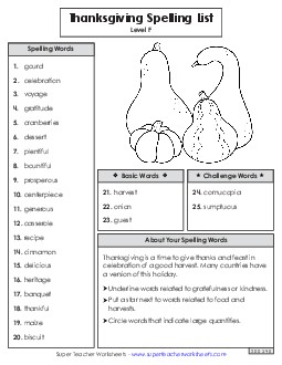 Spelling Word List (Thanksgiving) Spelling F Worksheet