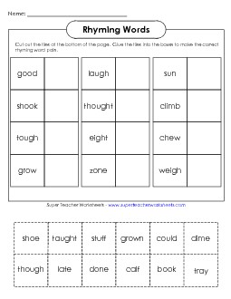 Rhyme Cut-and-Glue (Intermediate) Rhymes Worksheet