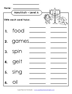 Write the Words Twice (A-Hanukkah)  Spelling A Worksheet