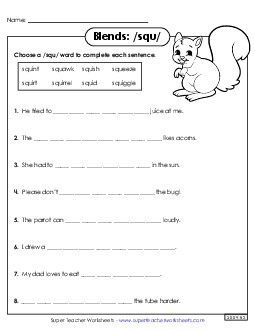 Squ- Sentences Phonics Blends Worksheet