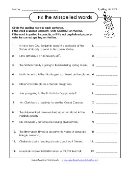 Fix the Misspelled Words (E-27) Spelling E Worksheet