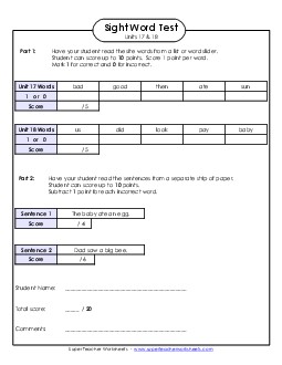 Biweekly Reading Test (Units 17 & 18)  Sight Words Worksheet